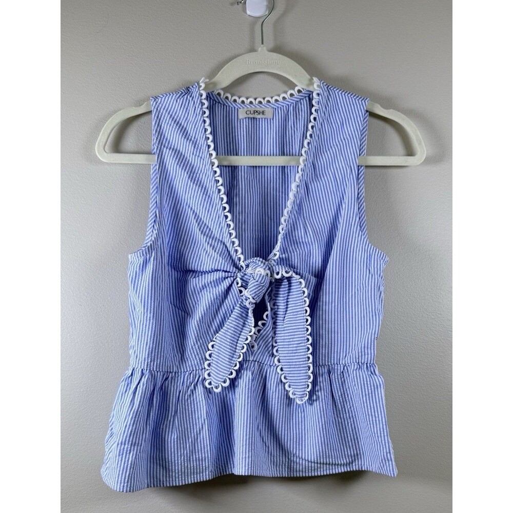 CUPSHE Blue/White Striped V-Neck Sleeveless Tie-Front Peplum Blouse